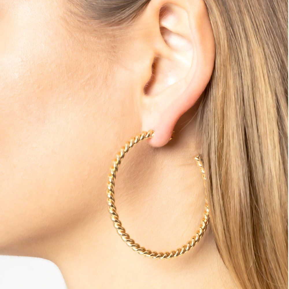 2.25 Inch 14k Gold Dipped Brass Metal Twisted Hoop Earrings Hypoallergenic
